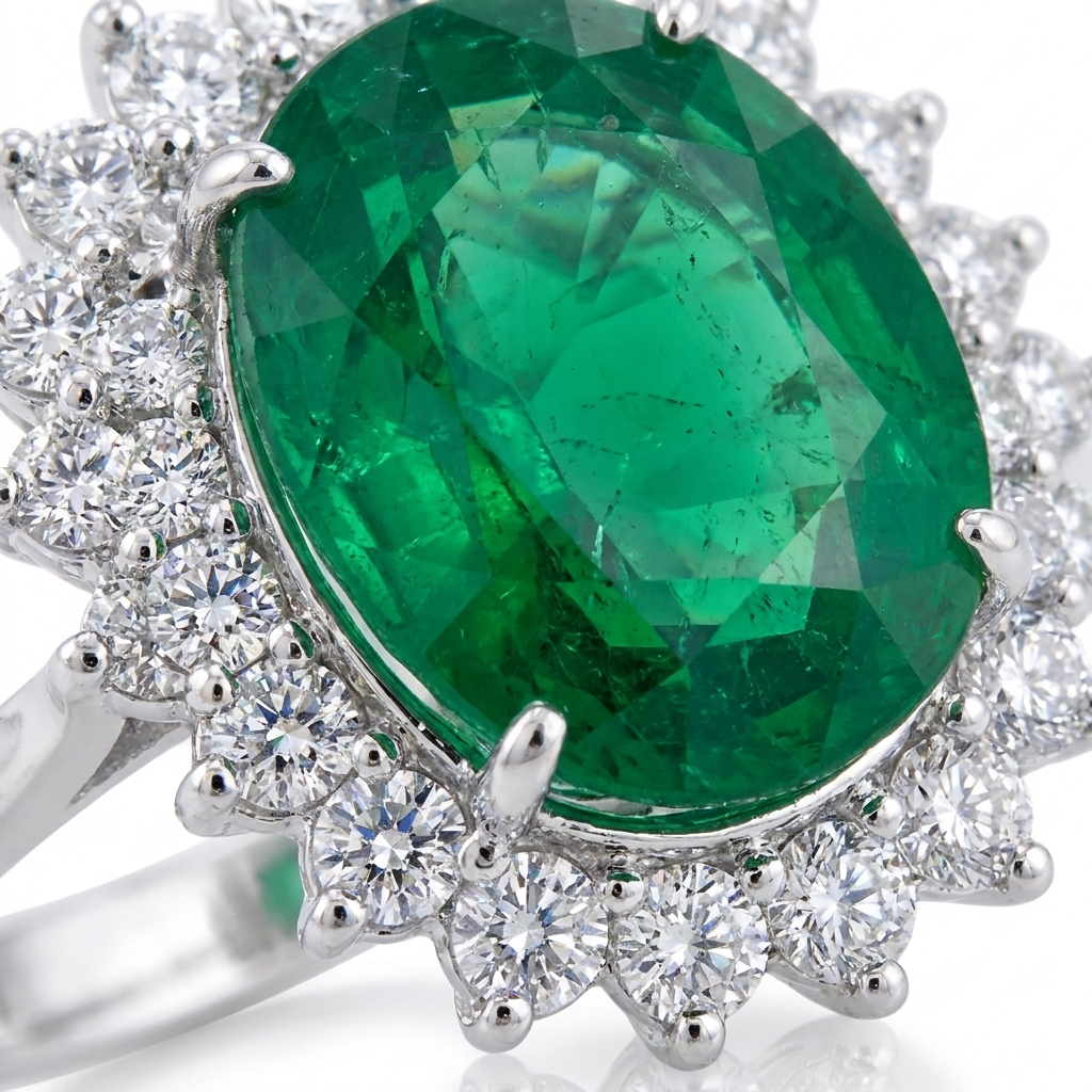 Anillo Émeraude Royale - Close-up esmeralda y diamantes