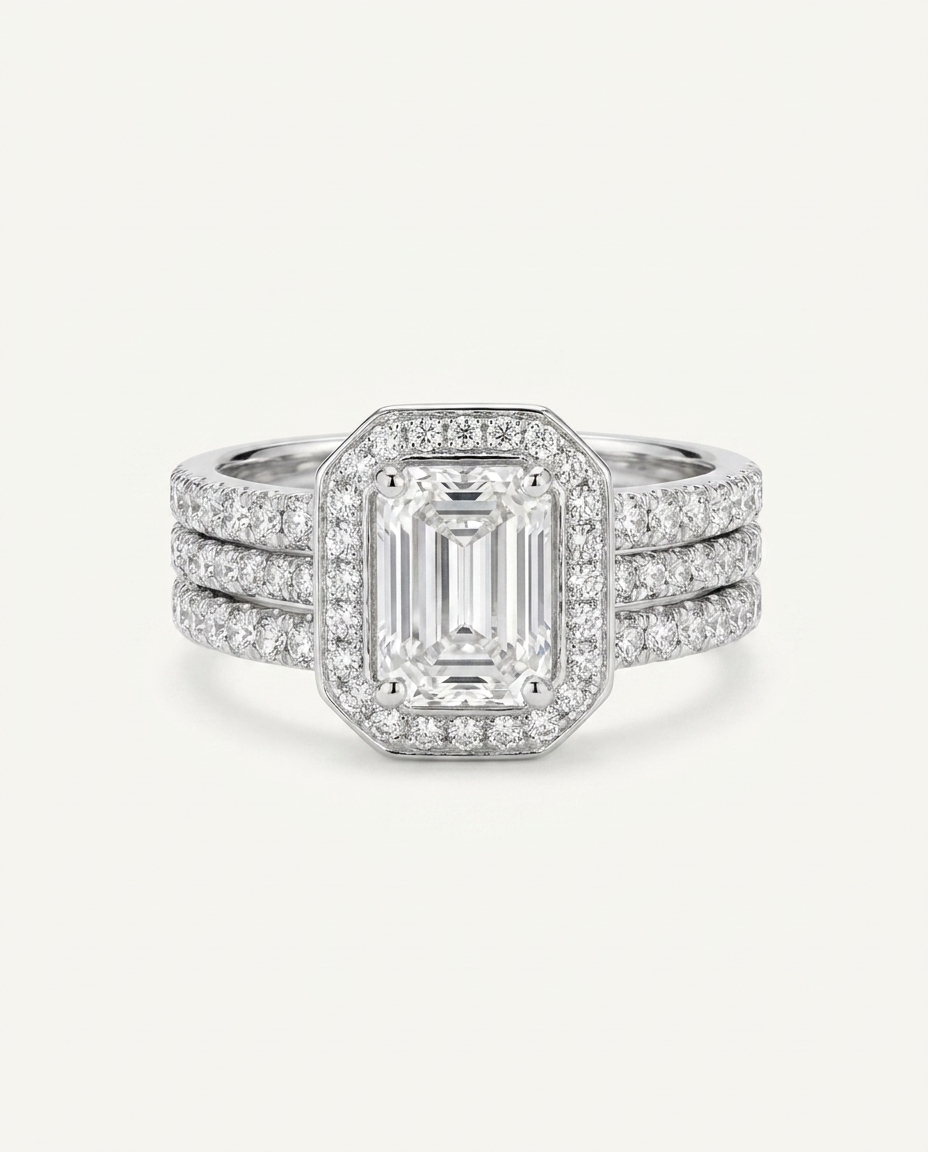 Anillo Éclat Lumière - Set 3 bandas diamante corte esmeralda frontal