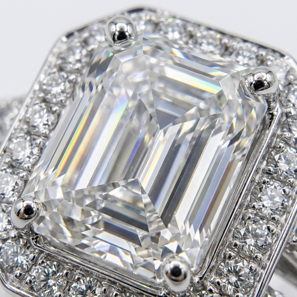 Anillo Éclat Lumière - Close-up diamante corte esmeralda y halo