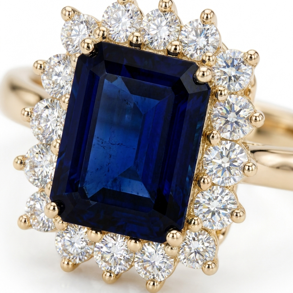 Anillo Zafiro Imperial - Close-up zafiro y halo diamantes